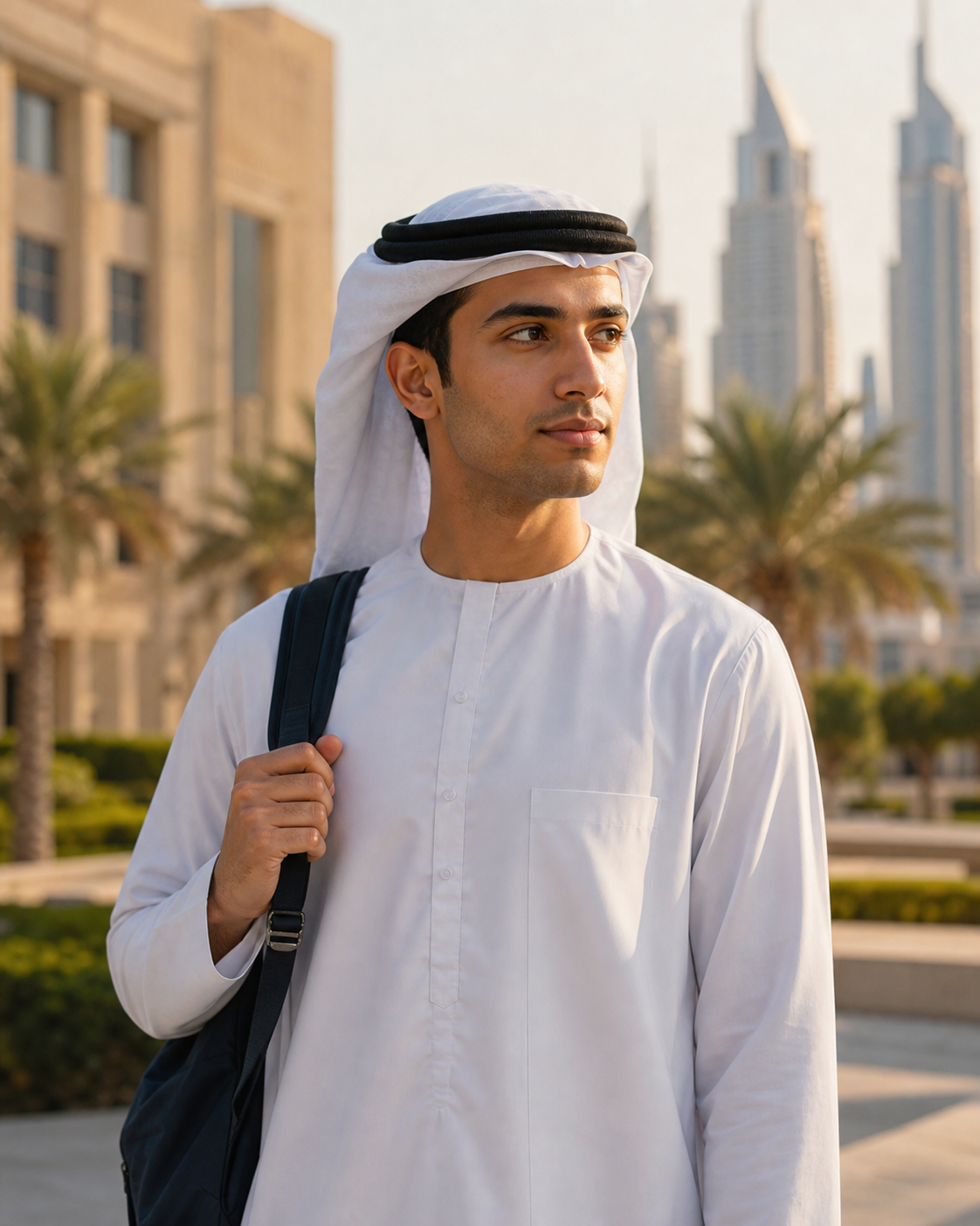 A Middle Eastern student in a modern academic setting